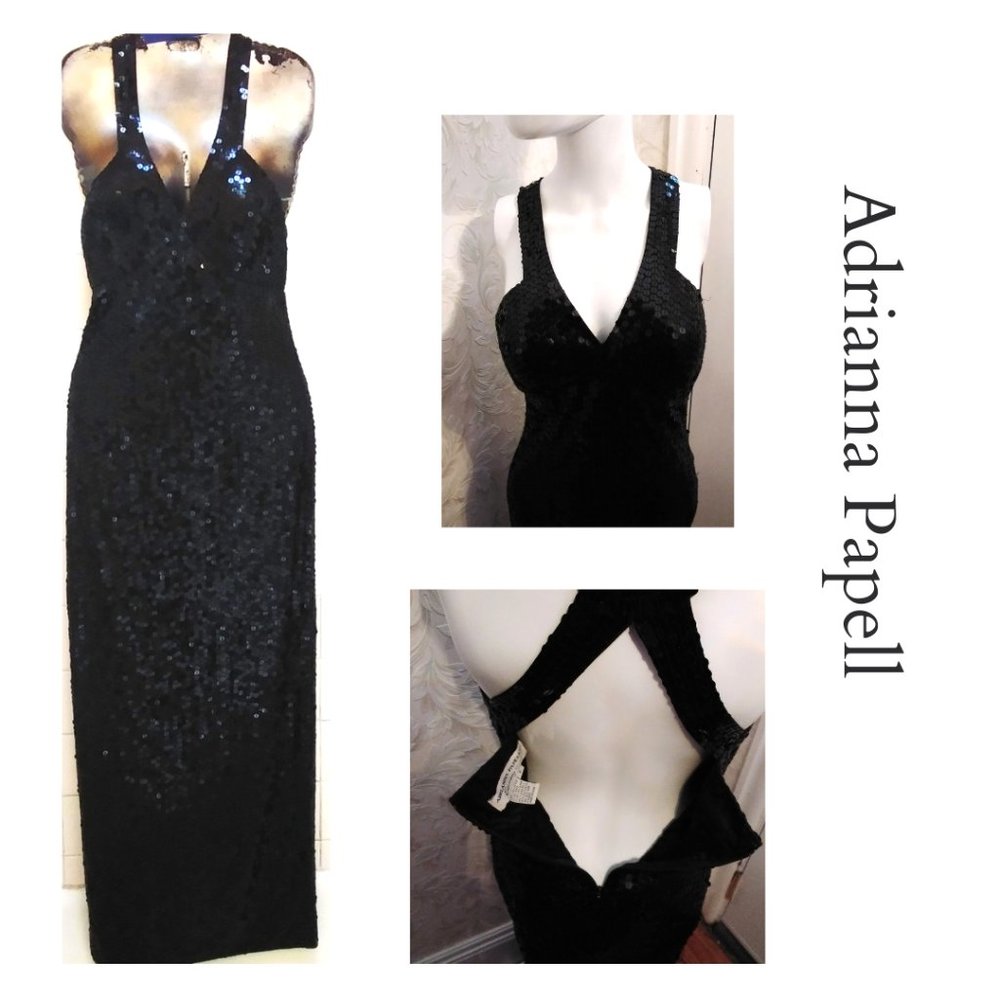 ADRIANNA PAPELL  Black Sequin Evening Gown Dress